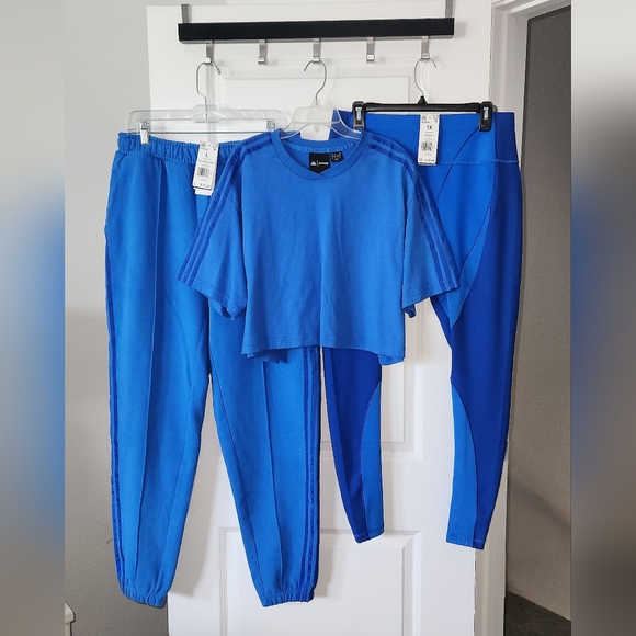 NWT Adidas x Ivy Park French Terry Sweatpants, Tights, & Cropped Tee, Glory Blue - Picture 1 of 6